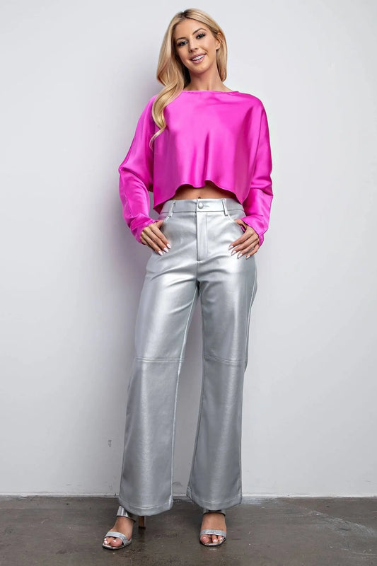 <h3>Introducing Saray Metallic Faux Leather Pants, a modern wardrobe essential. These luxurious pants are made from high-quality metallic faux leather, making them a standout style with plenty of versatility. Step out in effortless elegance and make a statement in these amazing pants.</h3> <h3>55% Polyester 45% Pu</h3> <h3>Enjoy free shipping on orders over $125</h3>