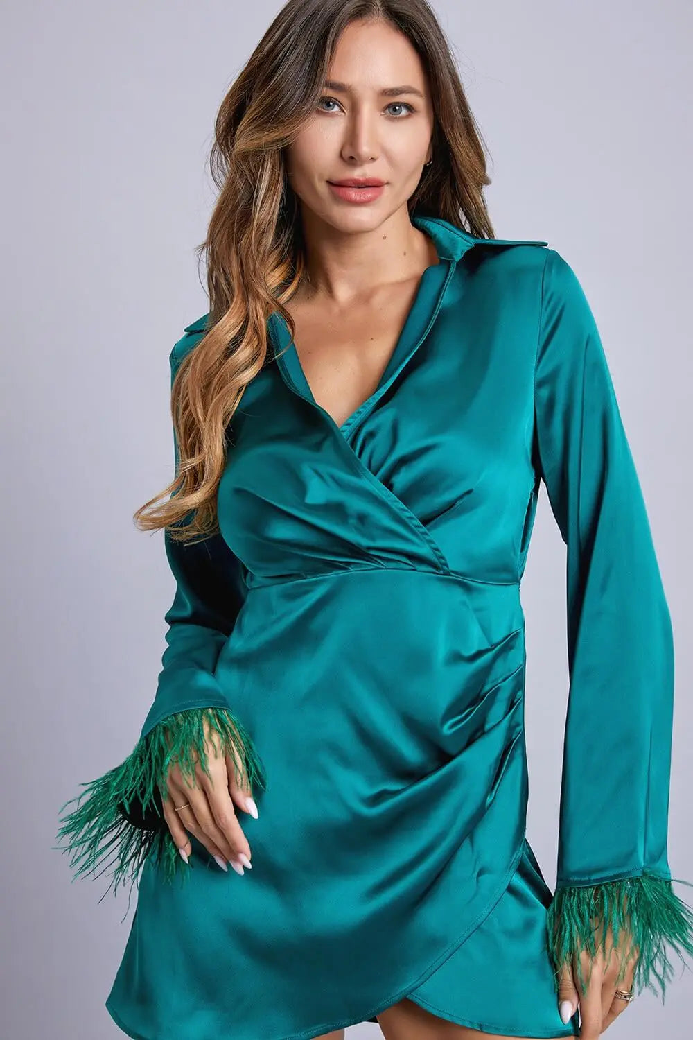 Vega Feather Sleeve Solid Wrap Dress